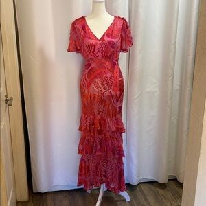 RIXO Dress—Vibrant fuscia Pink sheer layers sexy maxi